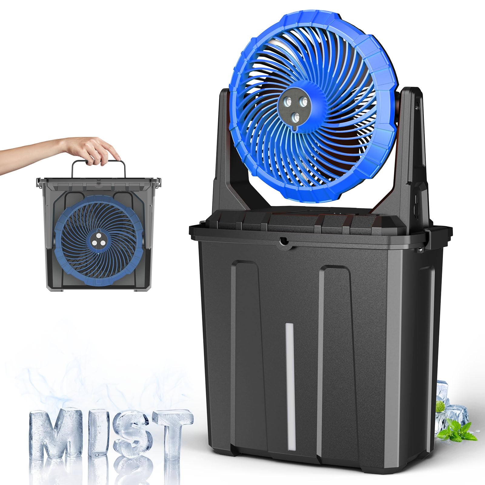 Ausic 9L 10IN Bucket Portable Misting Fan for Outdoors Patios, 20000mAh Rechargeable Battery Operated Camping Fan, 3 Strong Winds, 3 Large Spray Outlets, for Fishing/Travel/Garden/Golf/Tent/Office