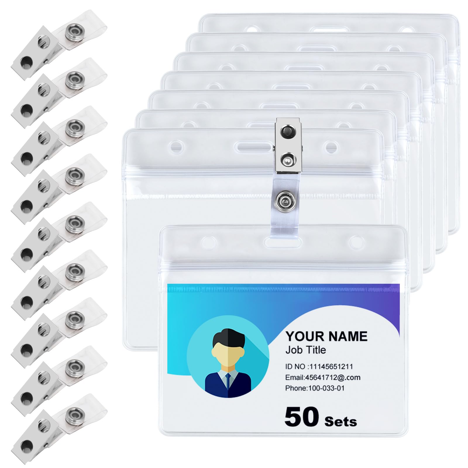 50 Sets ID Badge Holders with Metal Clips Clear Horizontal Badge Holder and Metal Badge Clip ID Card Name Tag Holder with Clip Waterproof Name Badge