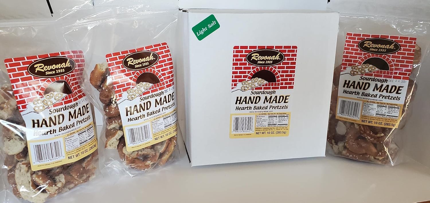 Revonah Pretzel - Taste the Freshness, Handmade Brick Oven Baked Pretzels - No Preservatives - Made To Order Daily (Light Salt, 3 x 8 oz Bags)