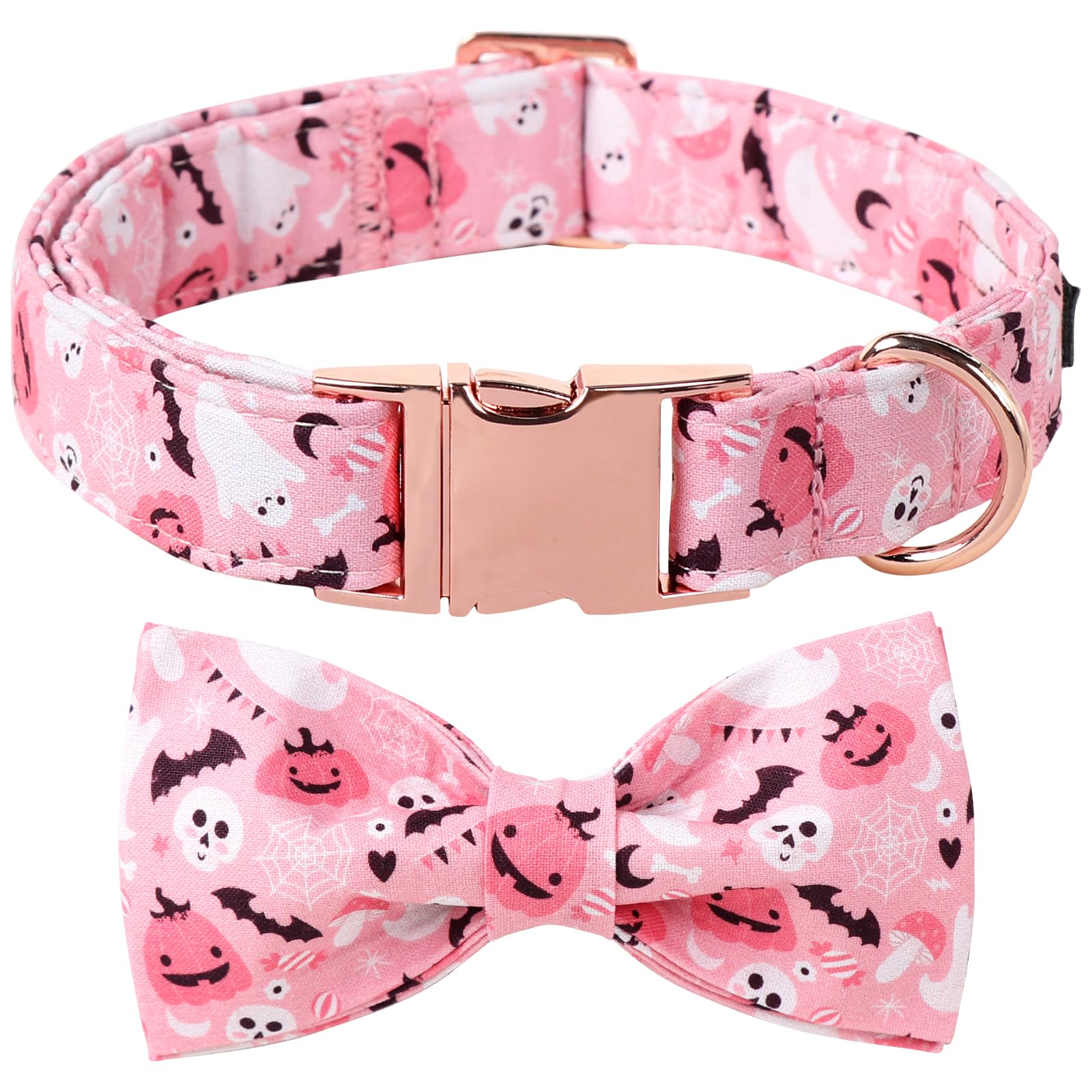 Lionet Paws Fall Pink Dog Collar, Cute Halloween Dog Collar for Large Dogs Adjustable Cotton Pumpkin Ghost Pet Collars for Large Dogs
