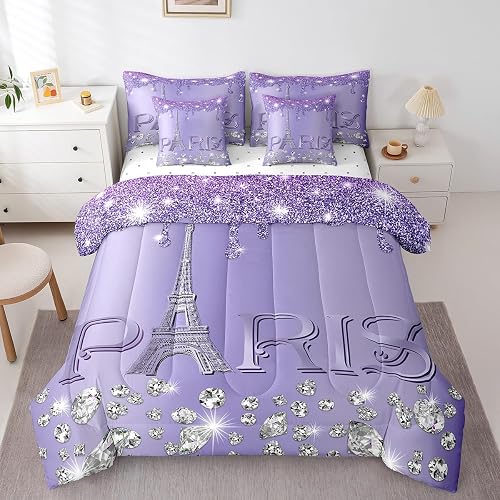 Erosebridal Purple Paris Comforter Set King,Eiffel Tower Bed in A Bag for Girls,