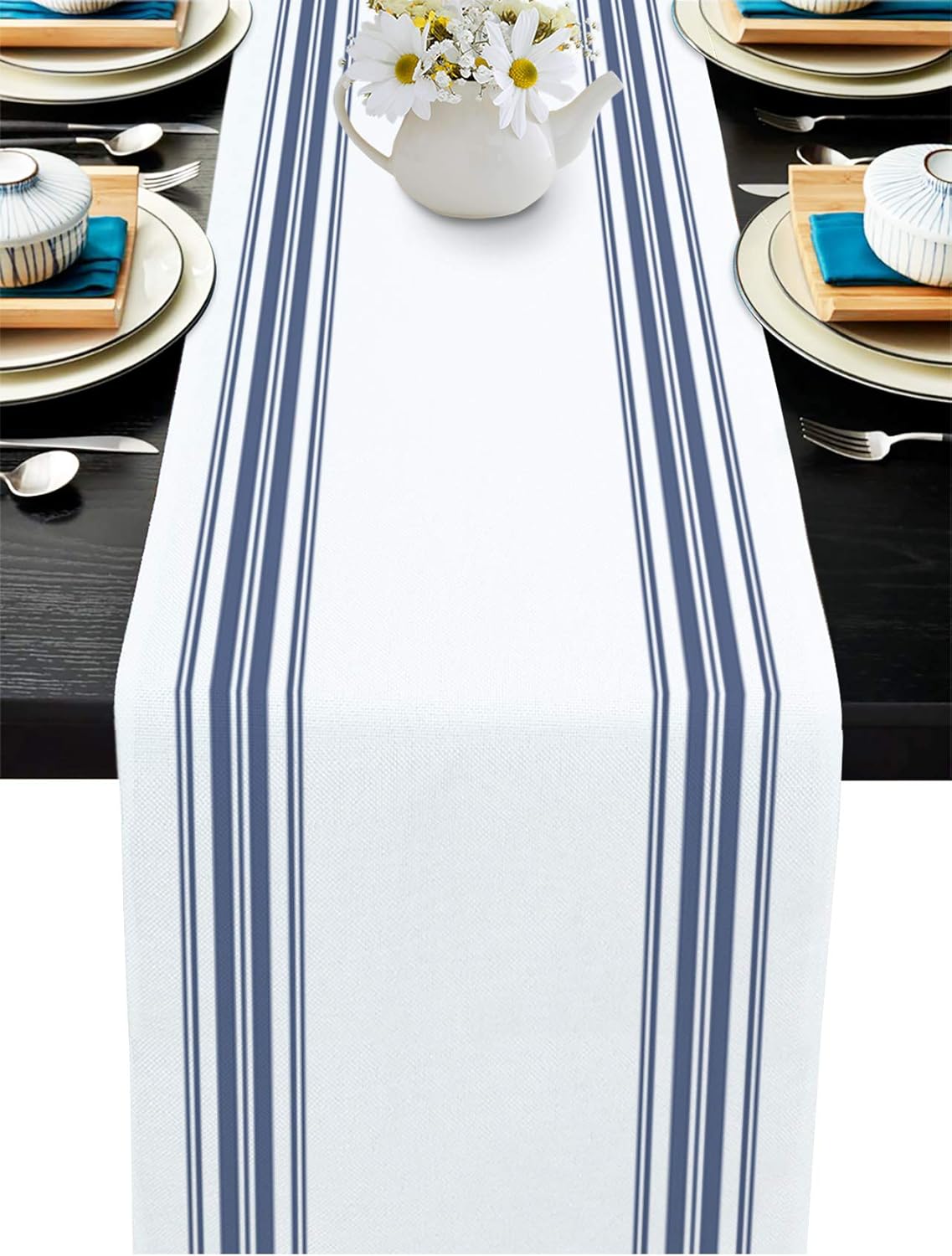 Burlap Table Runner 120 Inches Long, Retro Farmhouse Blue