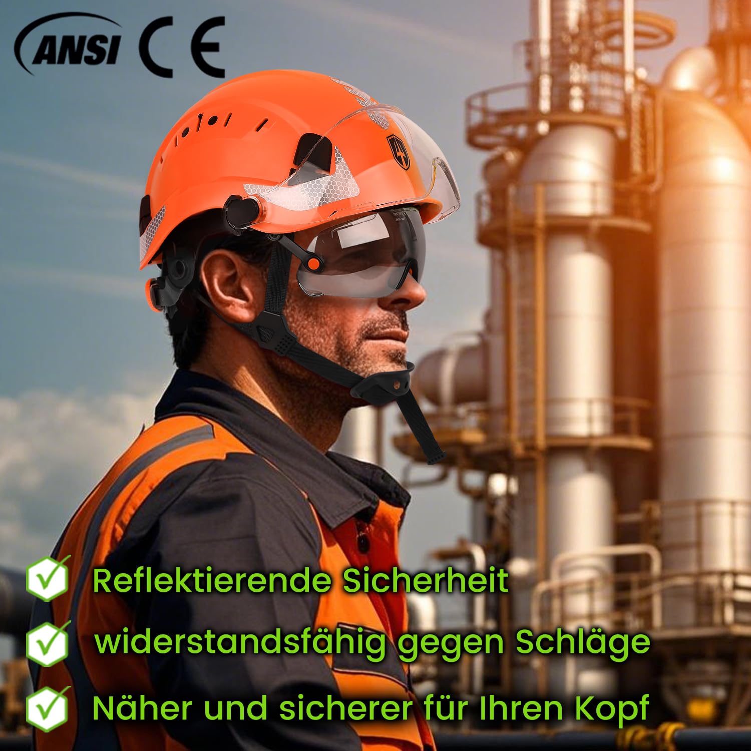 GREEN DEVIL Mervex Vent Set - EN397 & EN166 zertifizierter Industrieschutzhelm mit Doppelvisier + Helmleuchte