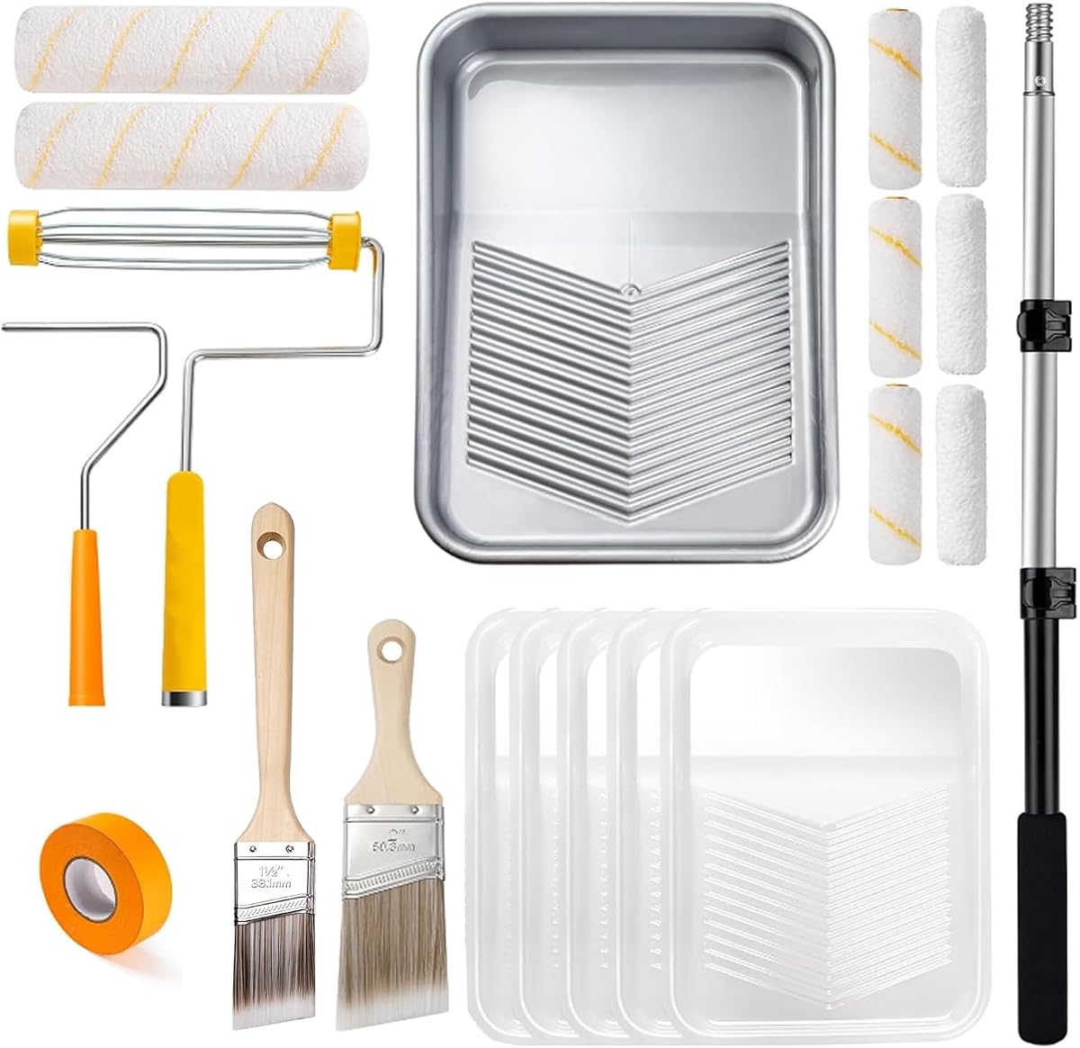 Mister Rui Paint Roller Kit with Extension Pole 20 Pieces Painting Kit | 9 Inch 4 Inch Paint Roller with Tray & 5 Liners, Paint Brushes for DIY & Professional Painting Projects and Home Improvement