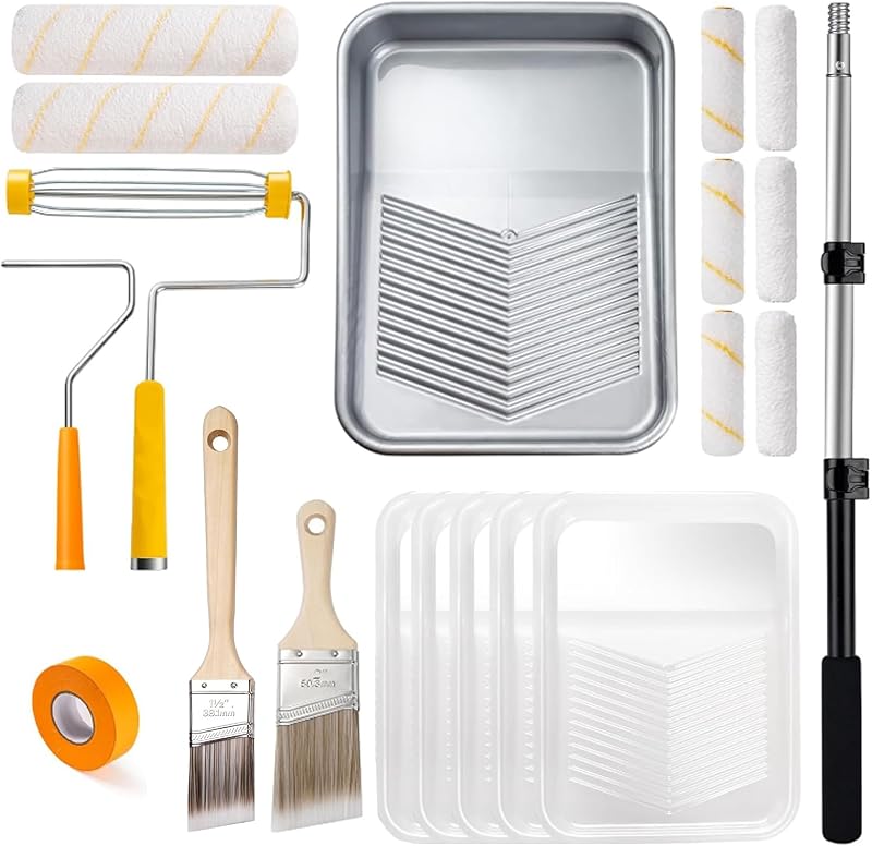 Mister Rui Paint Roller Kit with Extension Pole 20 Pieces Painting Kit | 9 Inch 4 Inch Paint Roller with Tray & 5 Liners, Paint Brushes for DIY & Professional Painting Projects and Home Improvement