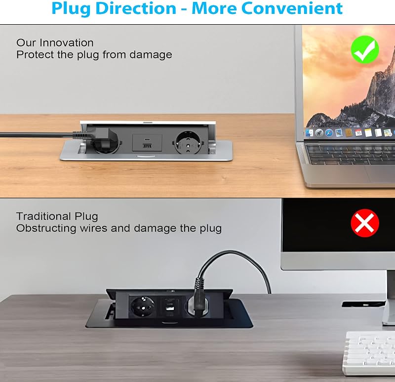 HANNELORE Beépíthető Asztali Konnektor USB-C 20W és USB-A Porttal, Kihúzható Elosztó 2 Aljzat, Alumínium Süllyesztett Konnektor 2500W