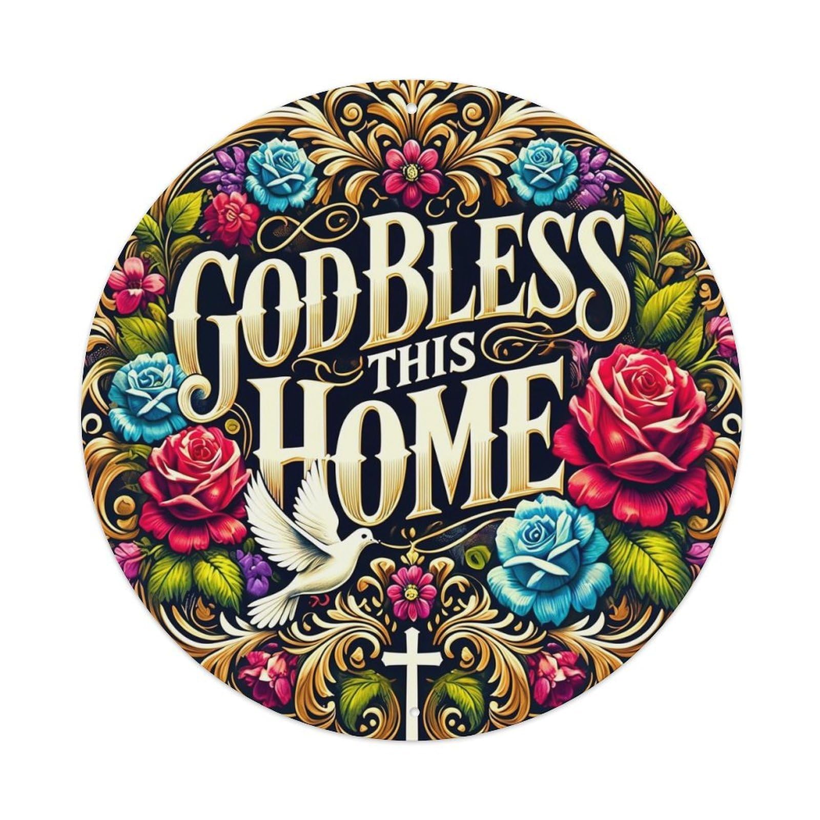Floral Cross Dove Roses Gold Retro Metal Sign Round Tin Sign, Vintage Decor Art Poster for Bar, Home, Man Cave, Kitchen, Laundry Room Gift 8x8Inch
