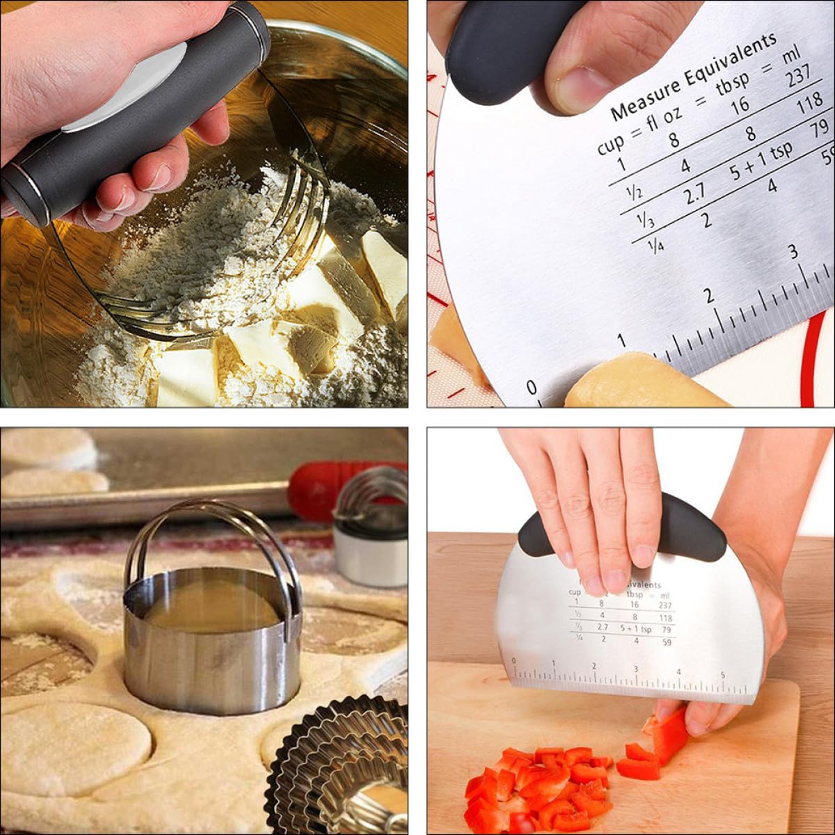 Backzubehör Satz Edelstahl mit Teigzerkleinerer und Keksformen Ausstechformen mit Maßskala für Einfaches Backen von Kuchen und Plätzchen in Silber
