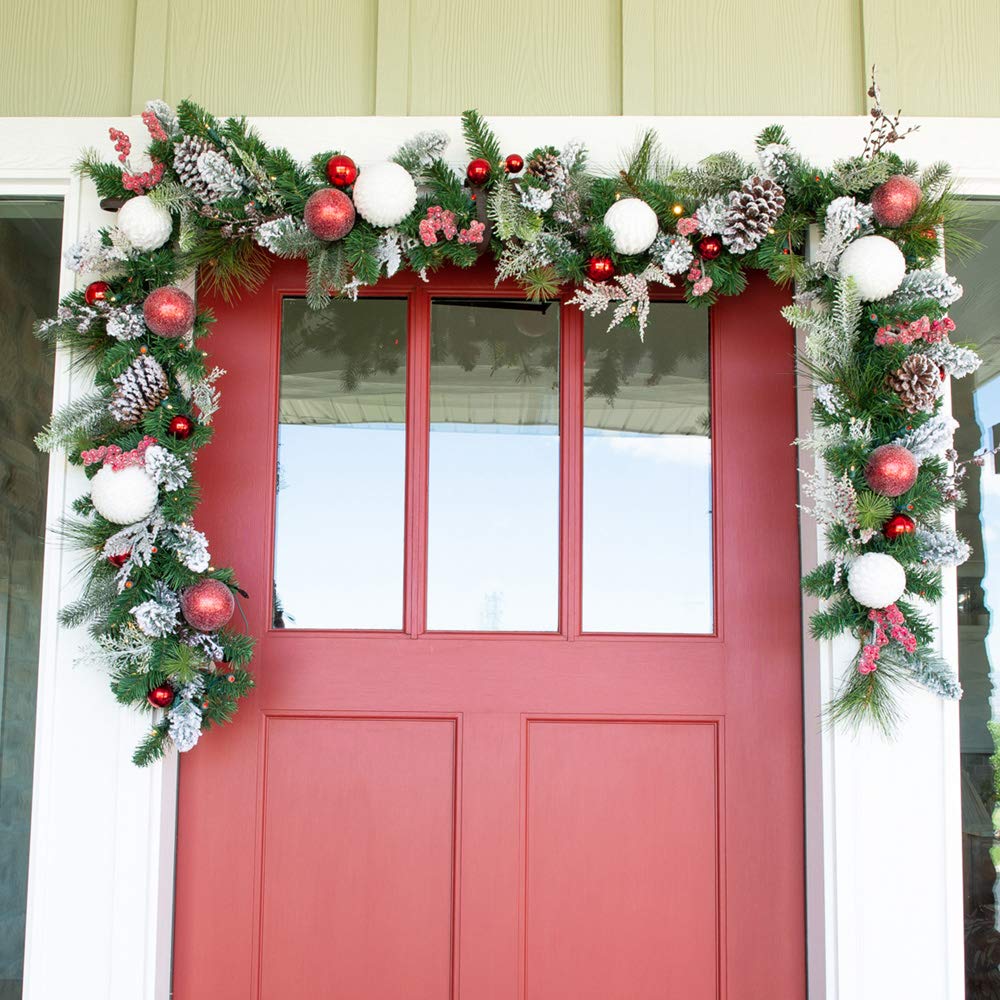 [9 Foot Artificial Christmas Garland] - Frosted Wonderland Collection - Red White Decoration - Pre Lit with 100 Candy Cane Colored LED Mini Lights - includes Remote Controlled Battery Powered Timer