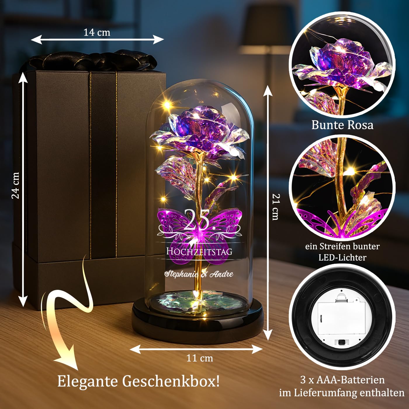 Maverton ewige Rose mit Gravur personalisiert - Rose im Glas mit Licht - Hochzeitsgeschenke für Brautpaar - personalisierte Geschenke zum Hochzeitstag zur Hochzeit