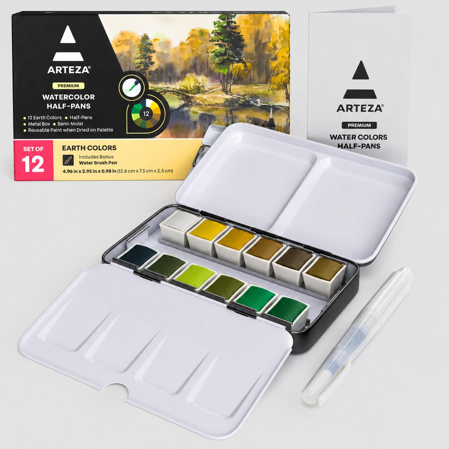 Watercolor Paint Set, 12 Earth Tone Half Pans with Water Brush | Detachable Semi-Moist Half Pans, Travel Tin with Mixing Surface, For Landscapes, Nature Studies and Outdoor Painting