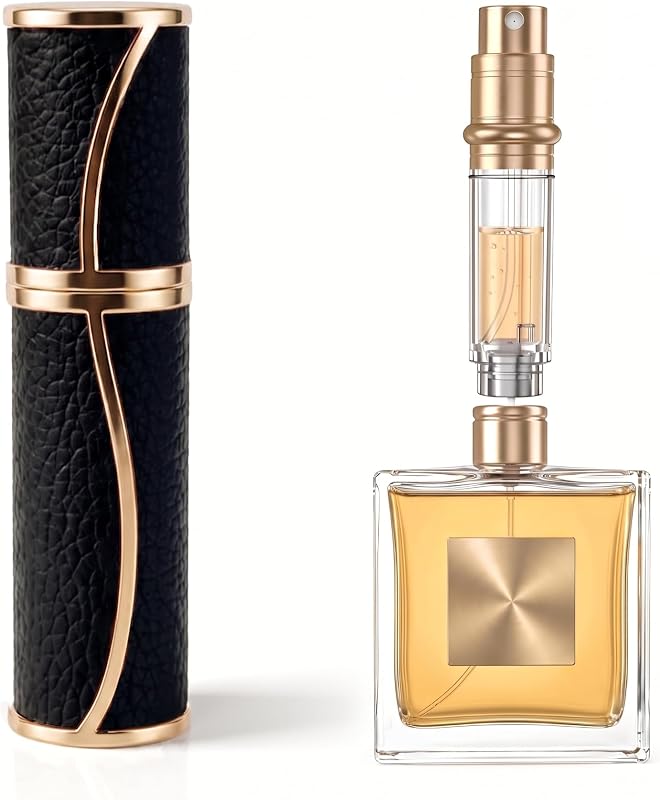 Frasco atomizador recarregável para perfume DENCaika, 5 mL, preto, com estojo de PU e tampa removível