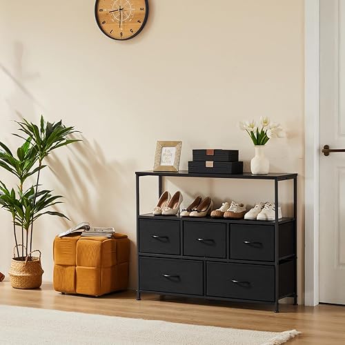 Miniatura 8 de Sweetcrispy Cómoda de 5 cajones para dormitorio, muebles de soporte de TV, torre de pecho alto, unidades organizadoras de almacenamiento para ropa,