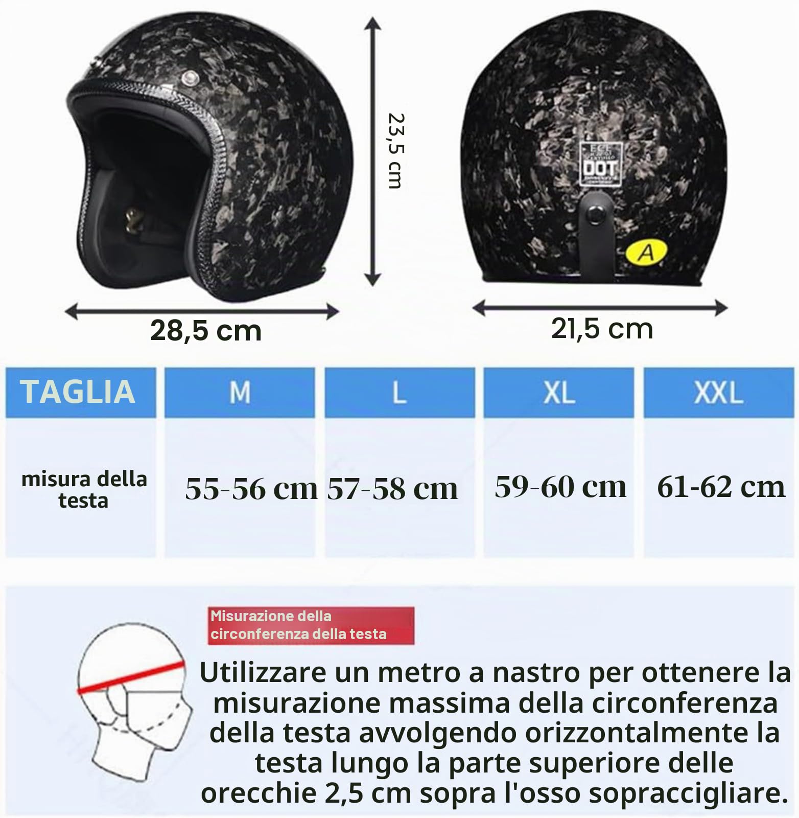 Casco Da Moto Jet Stile Vintage, Omologato ECE, In Fibra Di Carbonio, Leggero, Con Visiera Parasole E Interno Rimovibile.