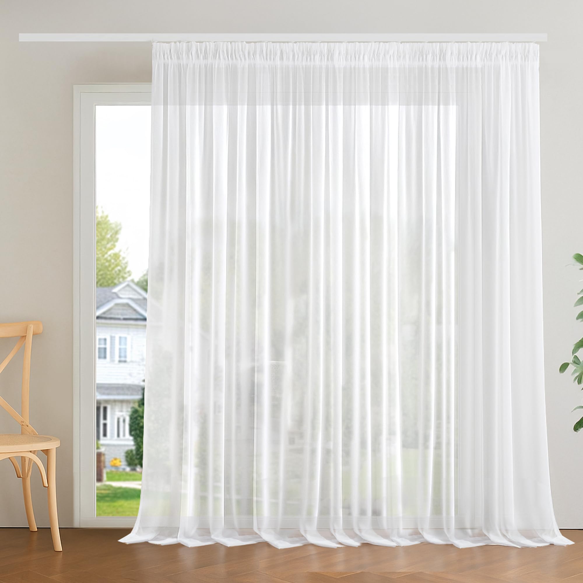 Deconovo Stores Gardinen mit Kräuselband Sheer Voile Vorhang Weiß Vorhänge für Schienen Halbtransparent Gardinenschal für Wohnzimmer Schlafzimmer Dekoschal, H 245 x B 300 cm, 1er Set