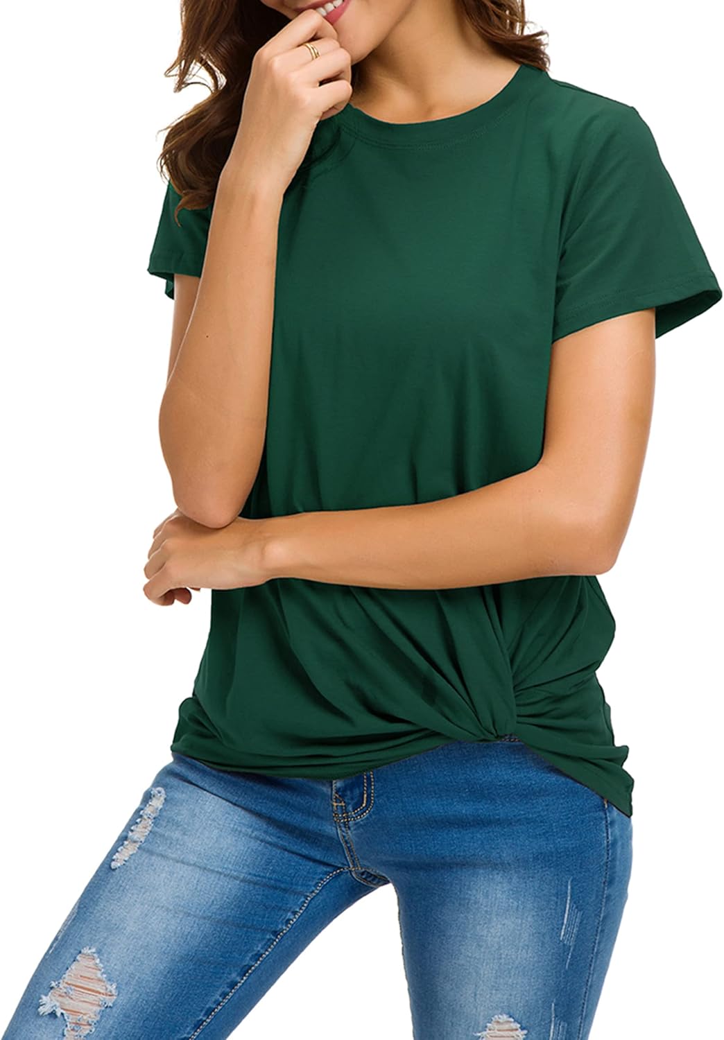 MSHING Women's Casual Round Neck Short Sleeve Tie Up T-Shirt Blouse Comfortable Cotton Basic Tops - Image 2