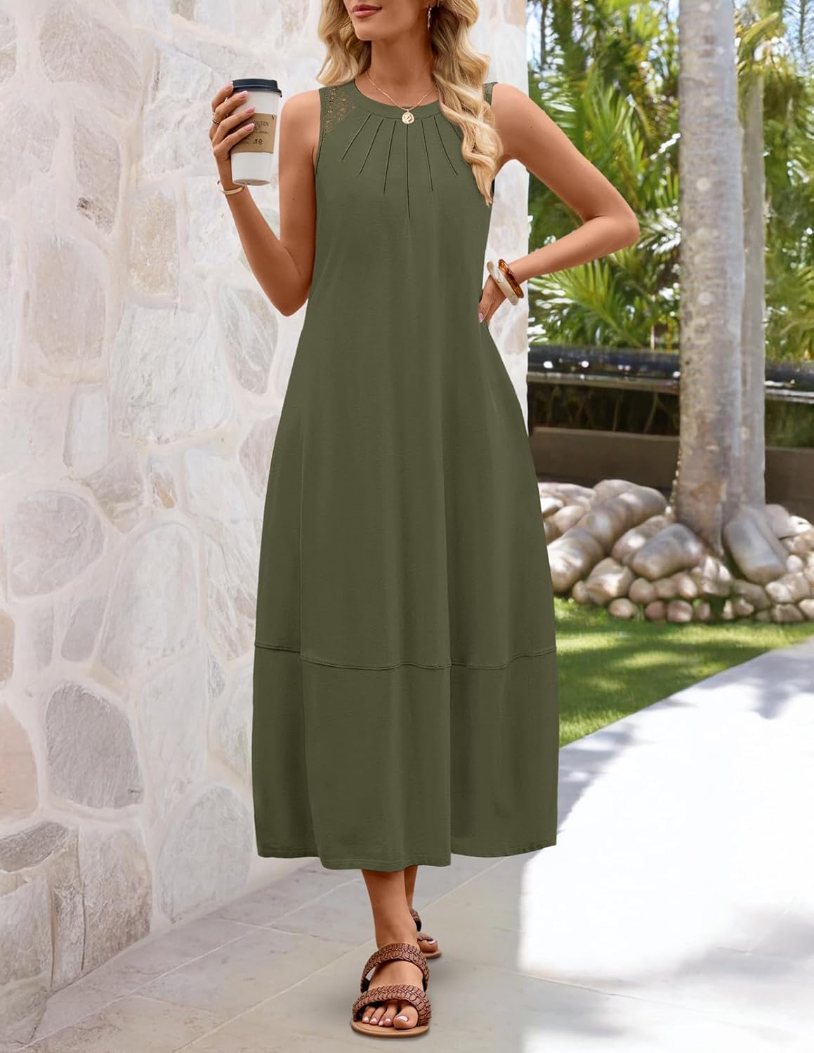 MEROKEETY Women's Summer Boho Maxi Dress 2026 Pleated Lace Hollow Out Beach Vacation Sundresses Sleeveless Tank Dress - Image 4