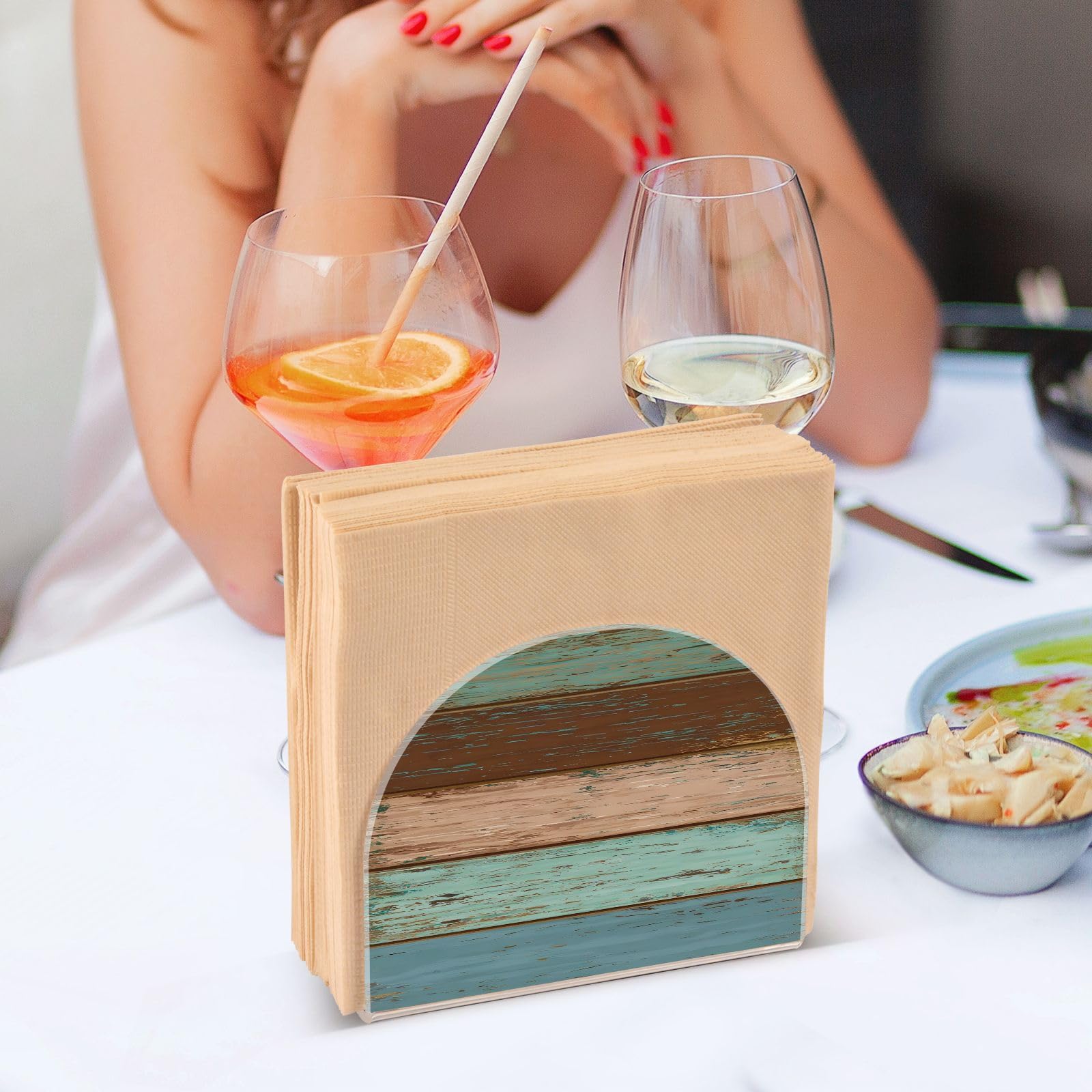 Servilletero de acrílico con textura de madera rústica, verde azulado, marrón, para mesa de cóctel, dispensador de servilletas de papel, para el hogar, cocina, restaurante, bar, 1 unidad
