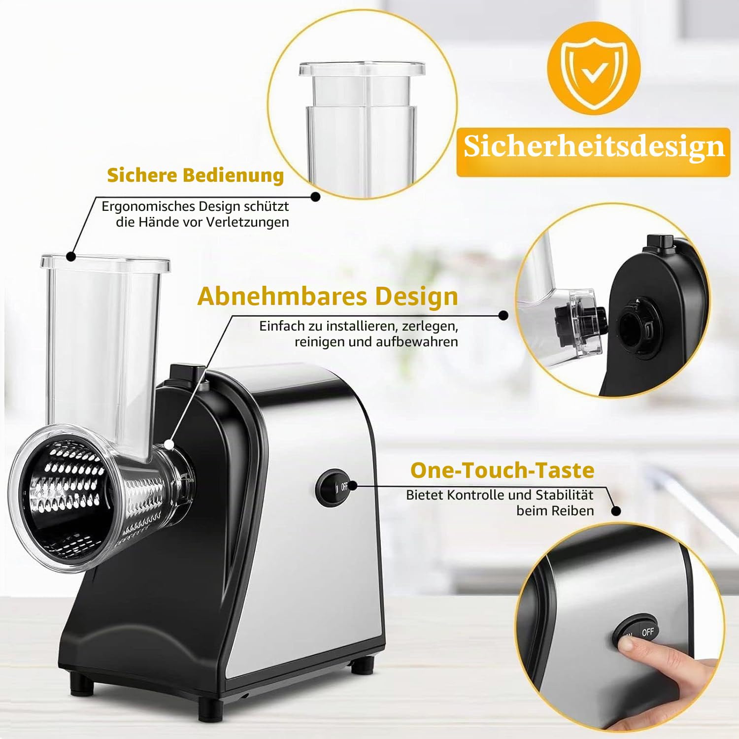 Gemüseschneider Elektrisch 250W Professional, 5-in-1 Küchenreibe mit 5 Klingen für Käse Kartoffeln Karotten, Gemüsehobel Edelstahl