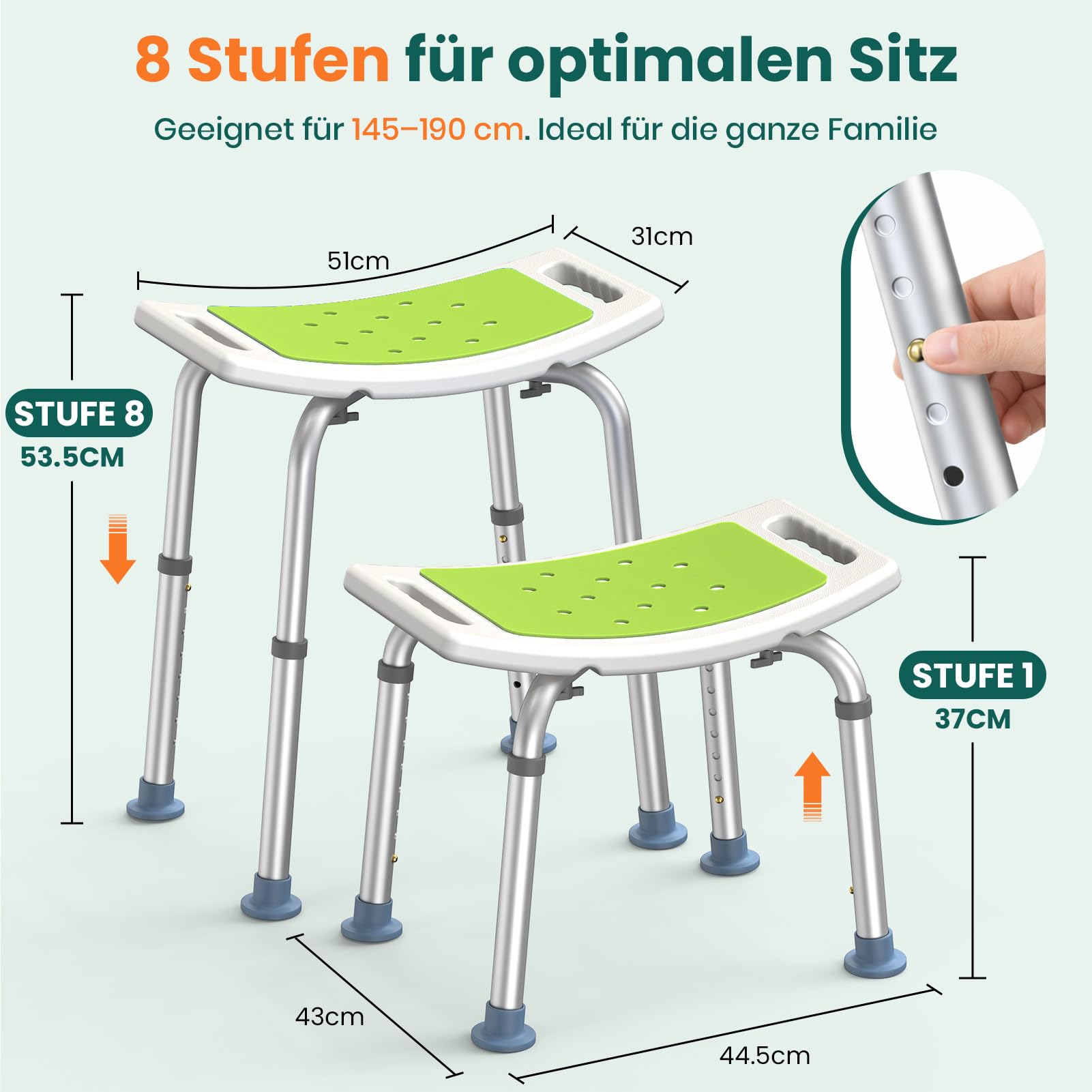 LC02 Duschhocker für Senioren, Rutschfester höhenverstellbarer Duschsitz bis 158 kg, Leichter Duschstuhl mit Griffausschnitten, für Schwangere und Personen mit eingeschränkter Mobilität