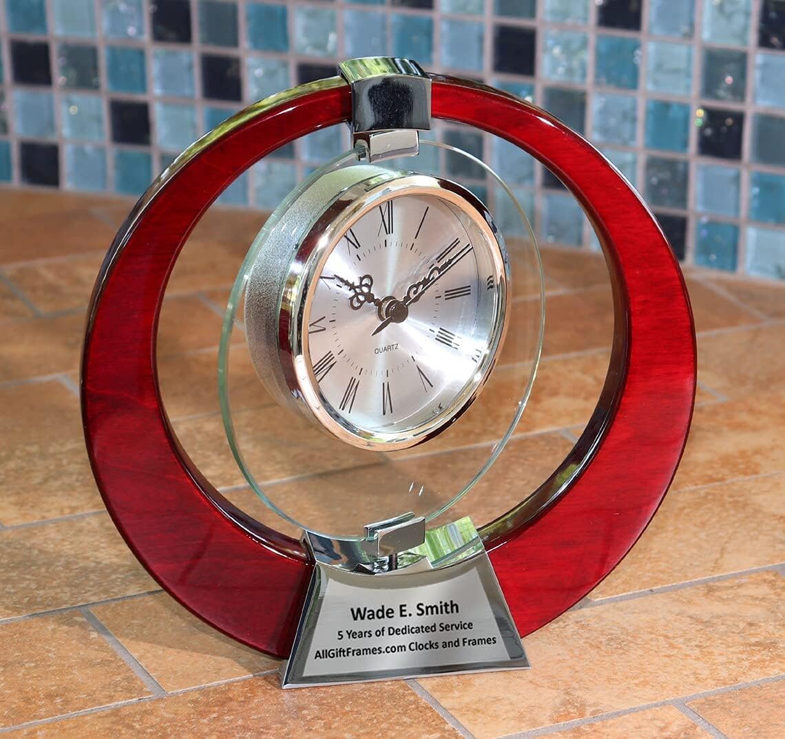 AllGiftFrames Saturn Cherry Wood Clock Glass Swivel Engraved Table Desk Clock Retirement Gift Anniversary Employee Recognition 360 Degree Spinning Glass Promotion Appreciation Service Award Wedding