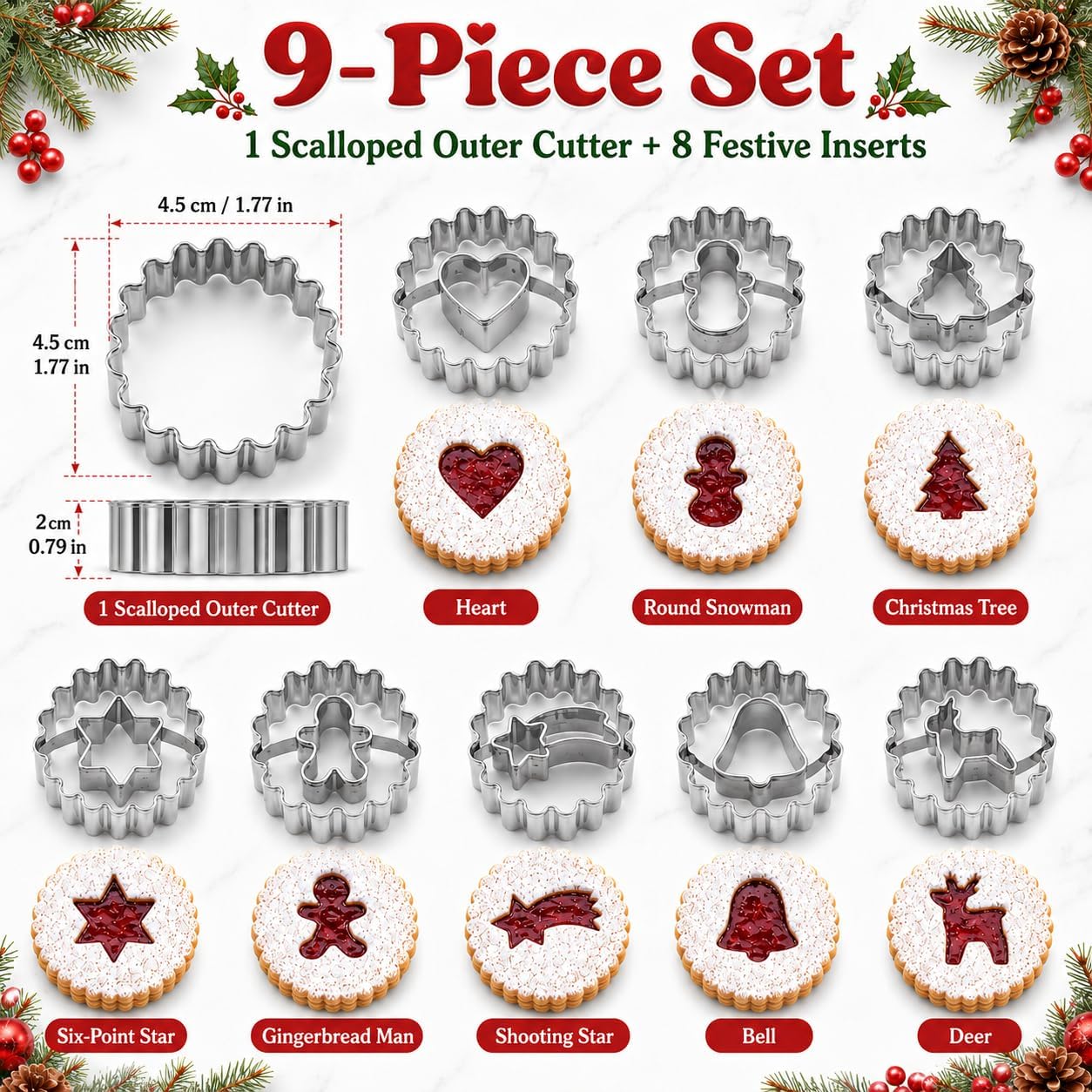 Crethinkaty 9 Pcs Mini Christmas Linzer Cookie Cutters Set, Stainless Steel Cookie Cutters, Christmas Tree, Gingerbread Man, Snowman, Elk - for Christmas Winter Holiday Baking