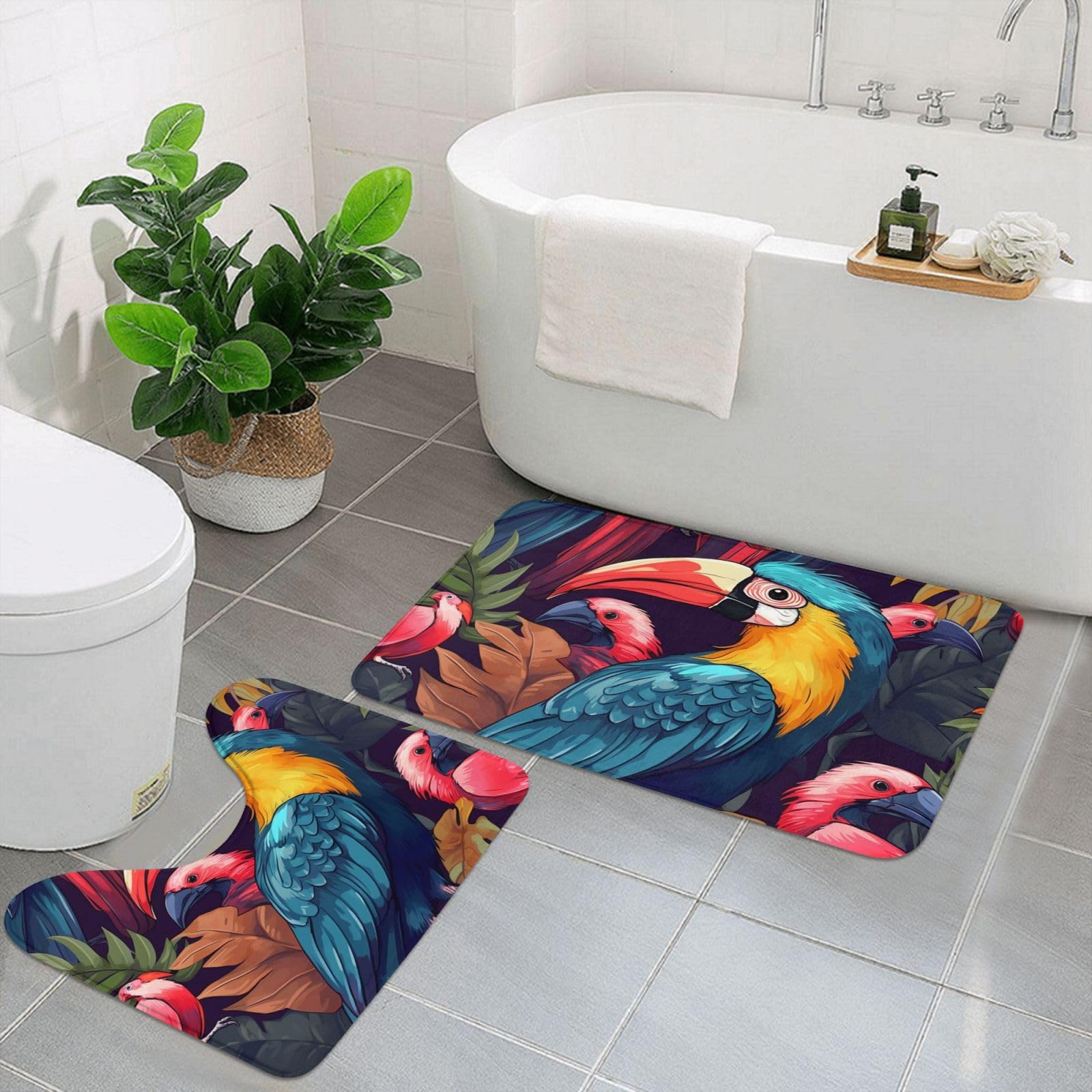 Tapis de bain antidérapants absorbants en U motif oiseaux tropicaux