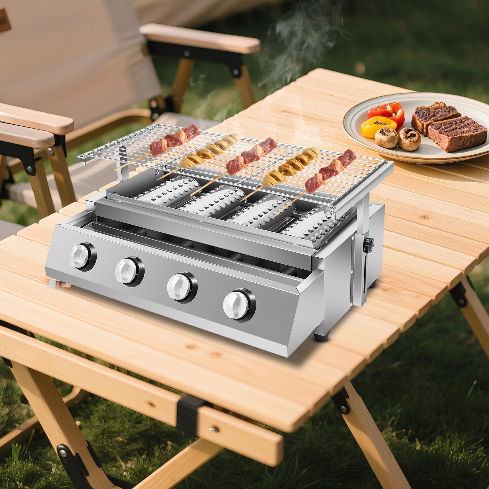 Barbecue a gas, regolabile in altezza, con 4 bruciatori indipendenti, riscaldamento rapido, in acciaio inox, senza fumo, per balcone, terrazza, superficie barbecue da 9 kg