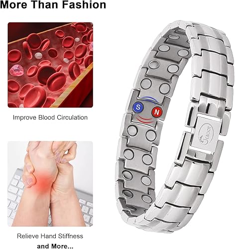 Miniatura 10 de JEROOT Pulseras magnéticas para hombres, pulsera de titanio puro (3500 Gauss por imán), pulsera para hombre, joyería linfática para regalos (plata