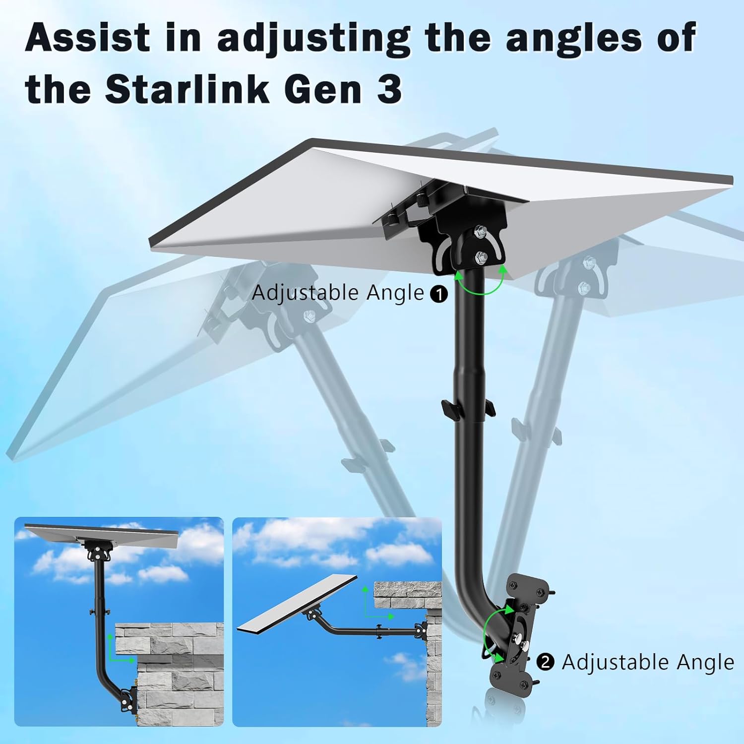 Starlink Gen 3 Mount, Adjustable Starlink Roof/ Wall Mount Kit for V3 Star Link Standard Dish, Stainless Steel, Include Star Link Gen 3 Metal Pipe Adapter