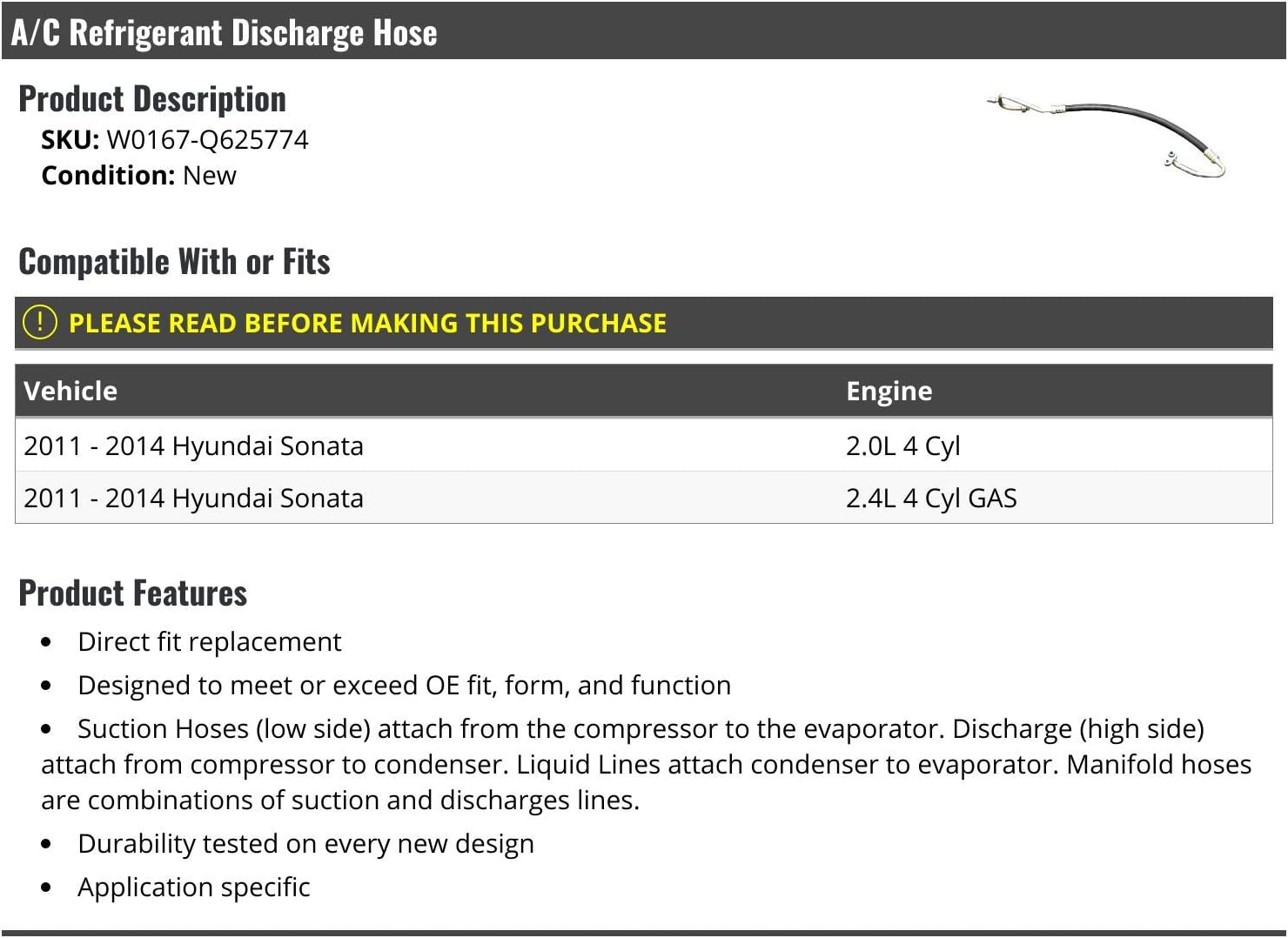 Marketplace Auto Parts A/C Refrigerant Discharge Hose - Compatible with 2011-2014 Hyundai Sonata
