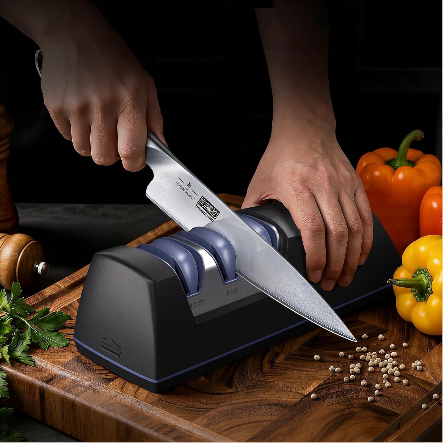 HOSHANHO Electric Knife Sharpener, Professional 3-Stage Diamond Knife Sharpener Electric, Replaceable Grinding Wheels & 20° Precision Guide for Kitchen Knives, Quick Sharpening to Restore & Polish