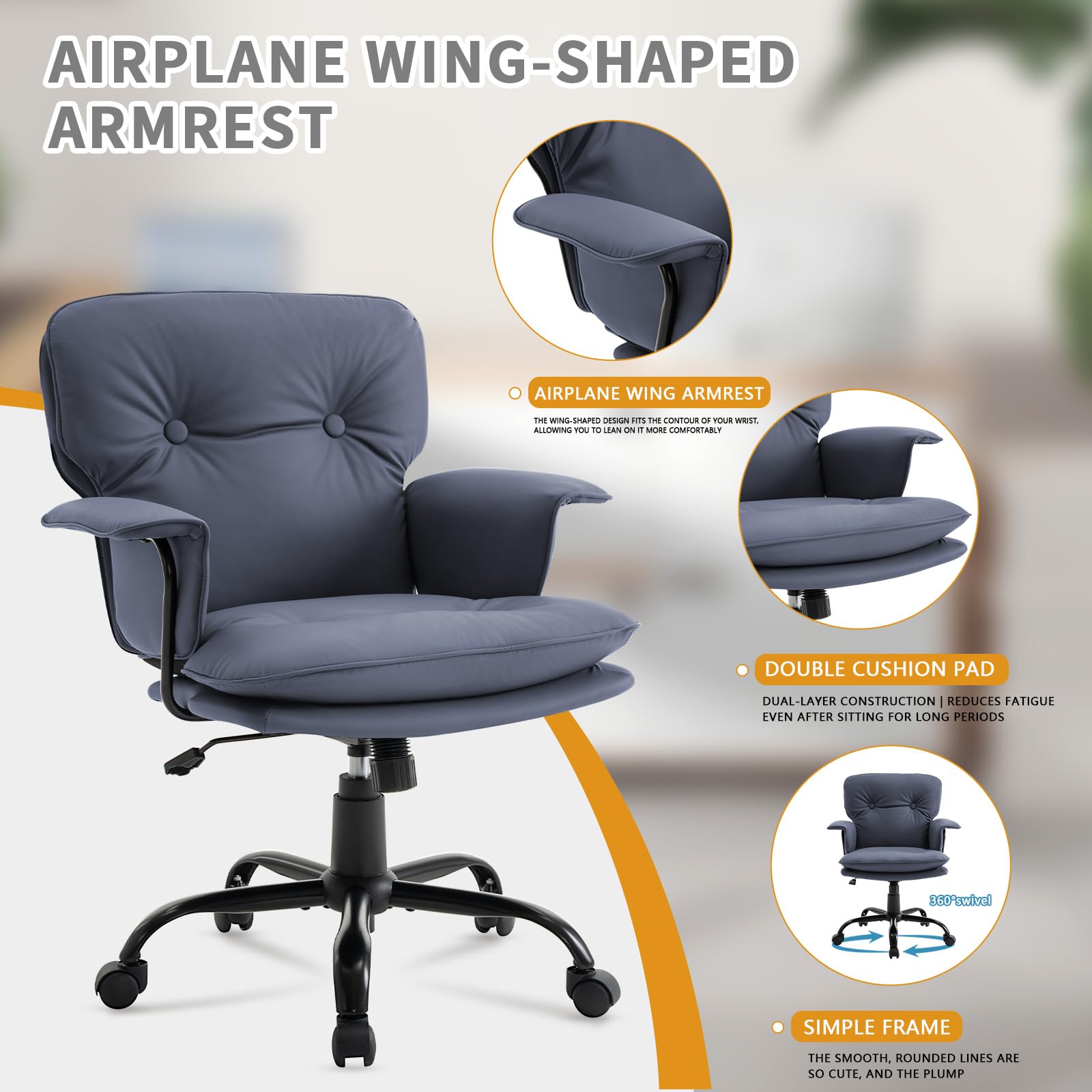 Vigosit Silla giratoria ergonómica con cojín de asiento de 10 cm de grosor, reposabrazos en forma de alas y altura regulable, con una capacidad de carga de hasta 150 kg, equipada con ruedas