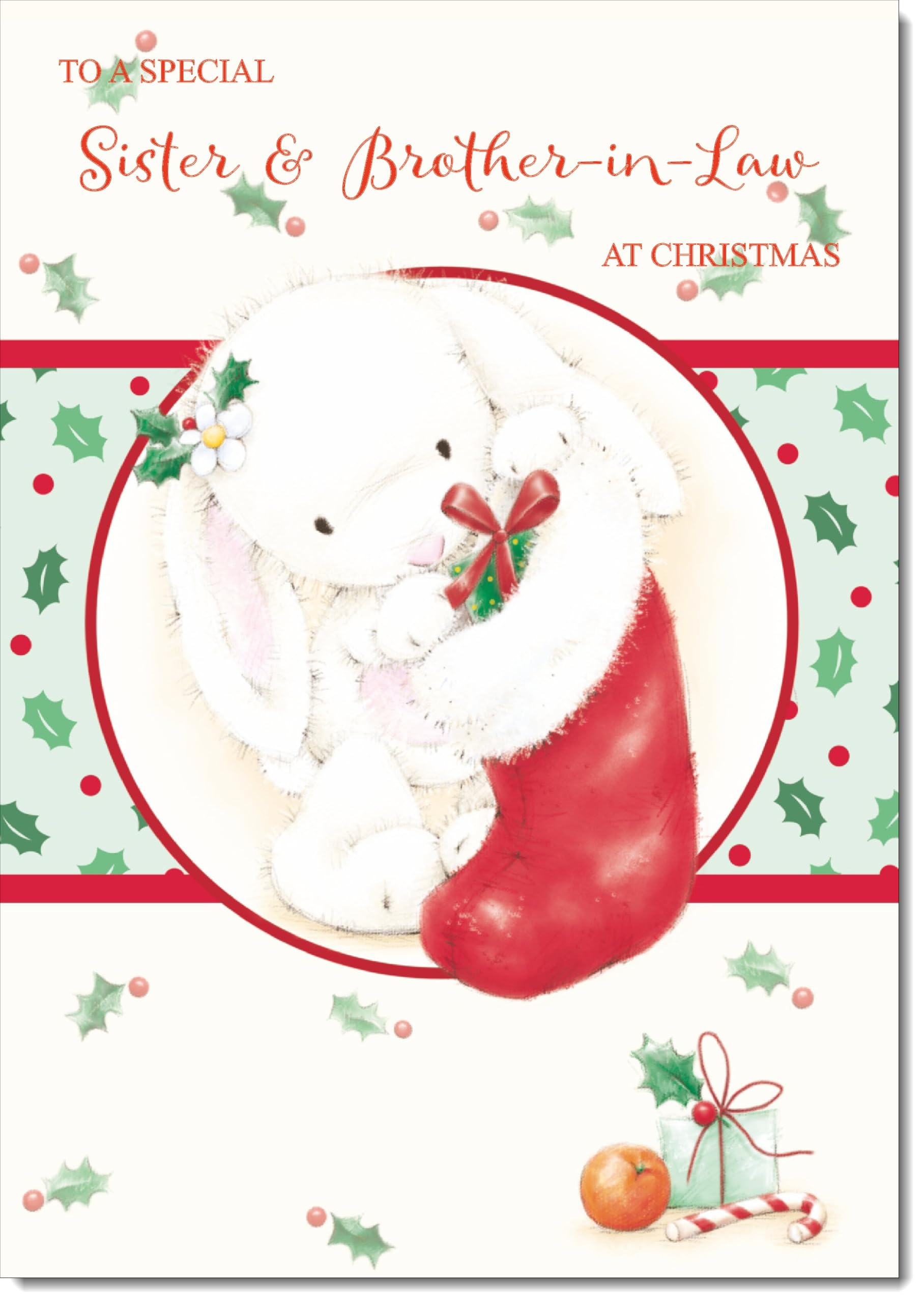 doodlecards Sister and Brother in Law Christmas Card Cute Rabbit with Stocking Large A4 Size Christmas Card for Sister & Brother-in-Law with Plain Envelope