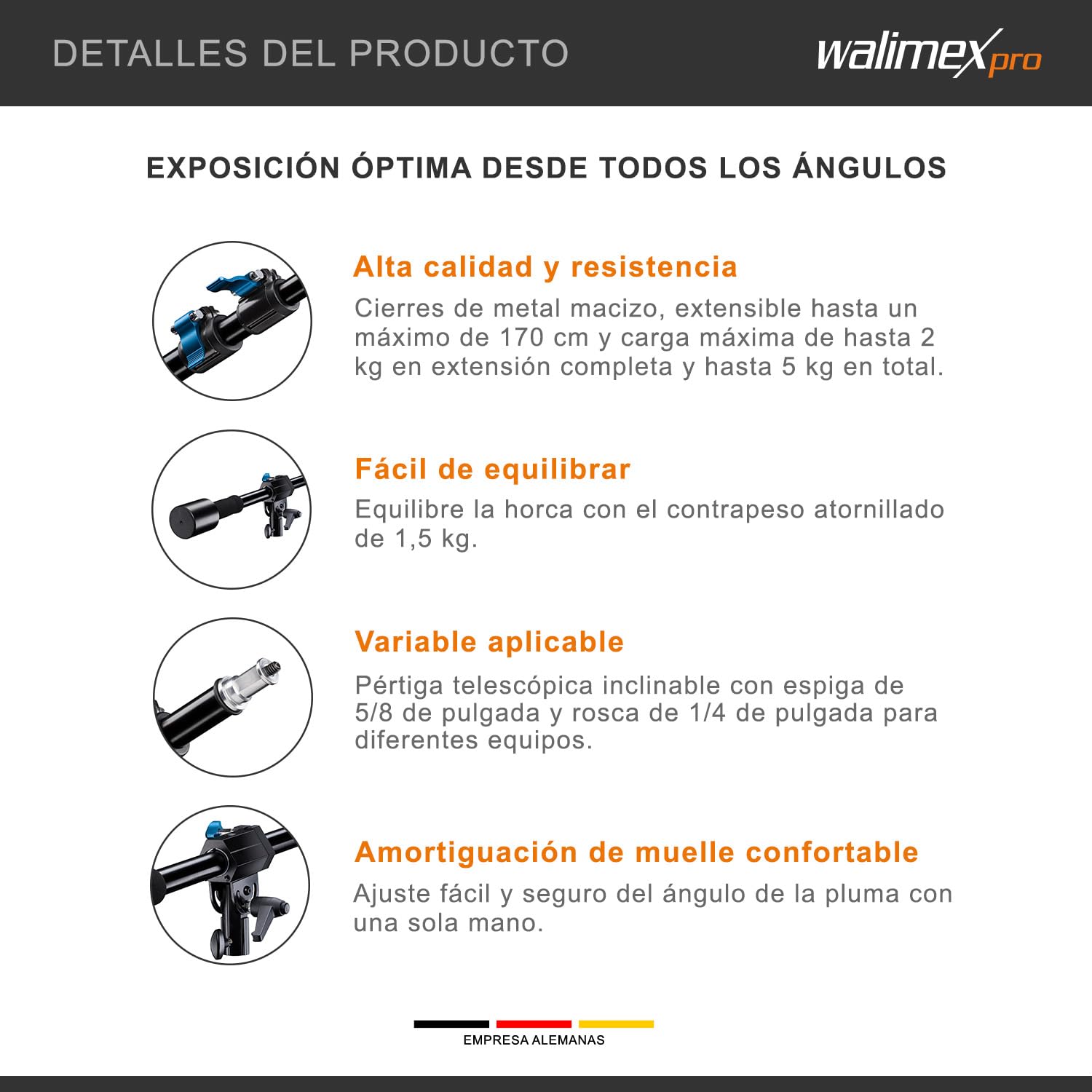 Walimex pro Brazo (contrapeso 70-183 cm, pluma, brazo de extensión, cabeza giratoria, pluma de aluminio de 3 secciones, ajustable en altura y longitud, capacidad de carga de 2 a 5 kg), negra