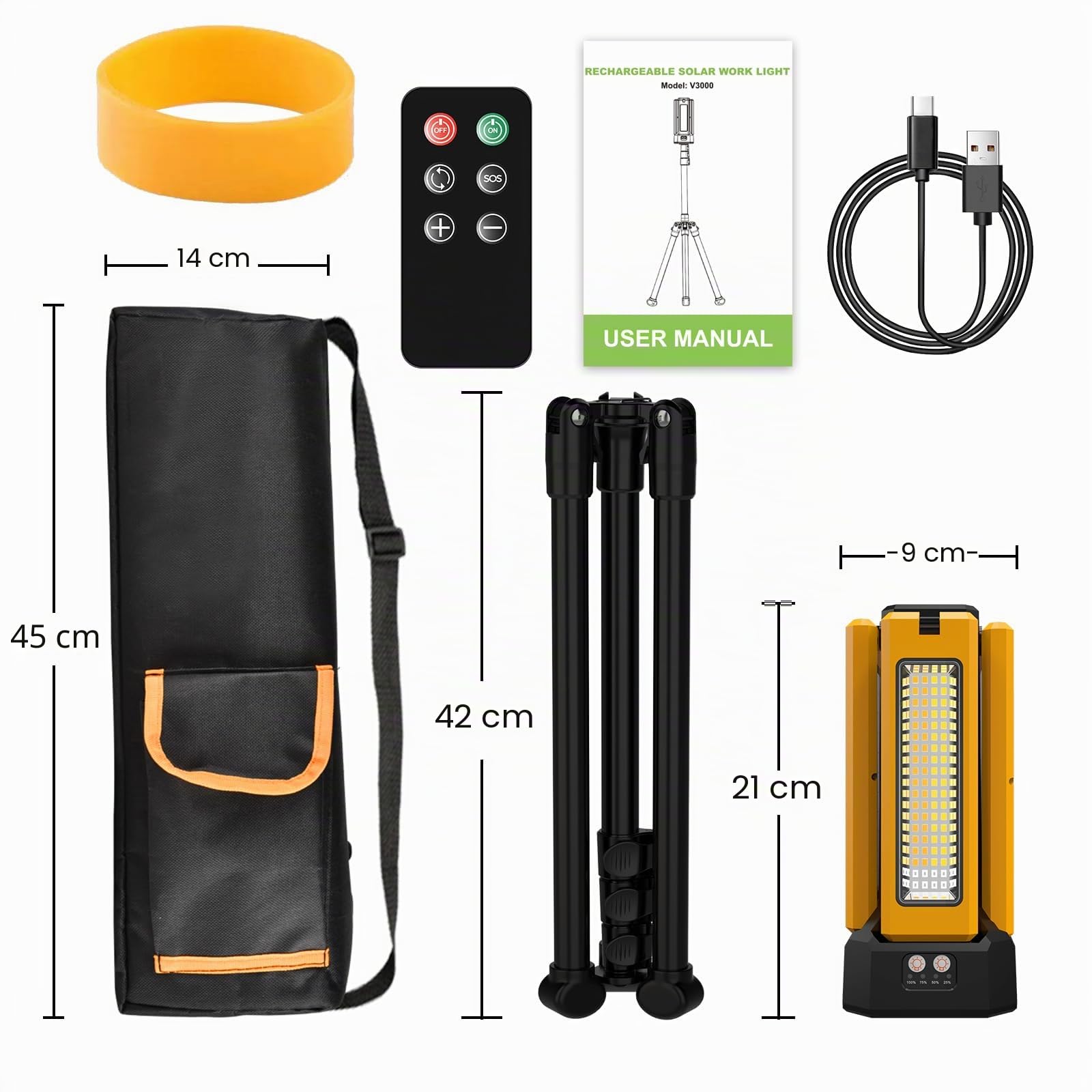 Faretto Led Solare Ricaricabile con Supporto e Borsa Per il Trasporto, Batteria 13200 mAh, 8000 Lumen, Dimmerabile Continuamente Luci da Lavoro, Bianco/Caldo/Bianco Naturale/Rosso (SOS)