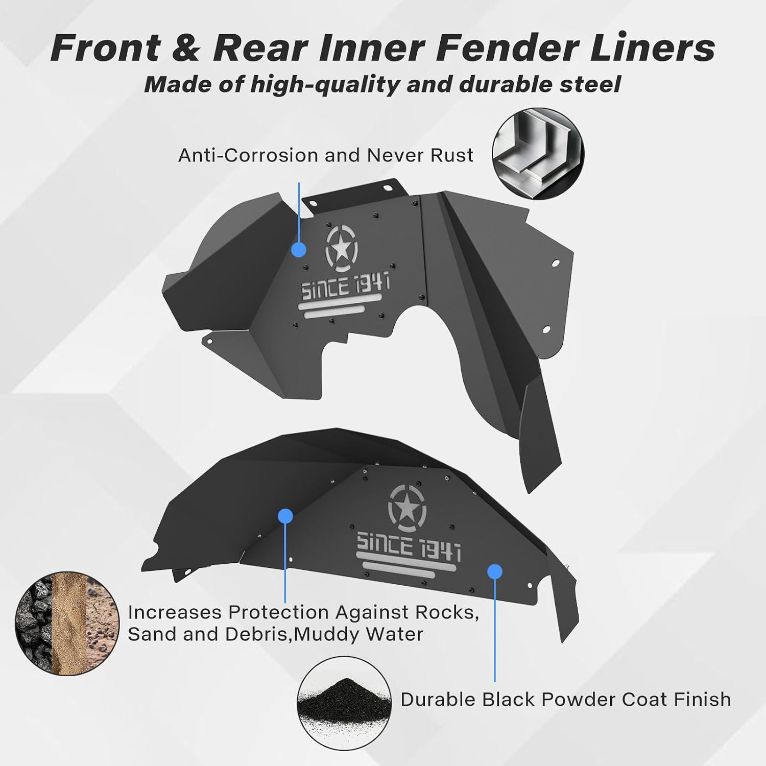 4Pcs Front & Rear Inner Fender Liners for 2007-2018 Jeep Wrangler JK/JKU 2/4 Doors, Heavy Duty Steel Wheel Well Mud Splash Guards