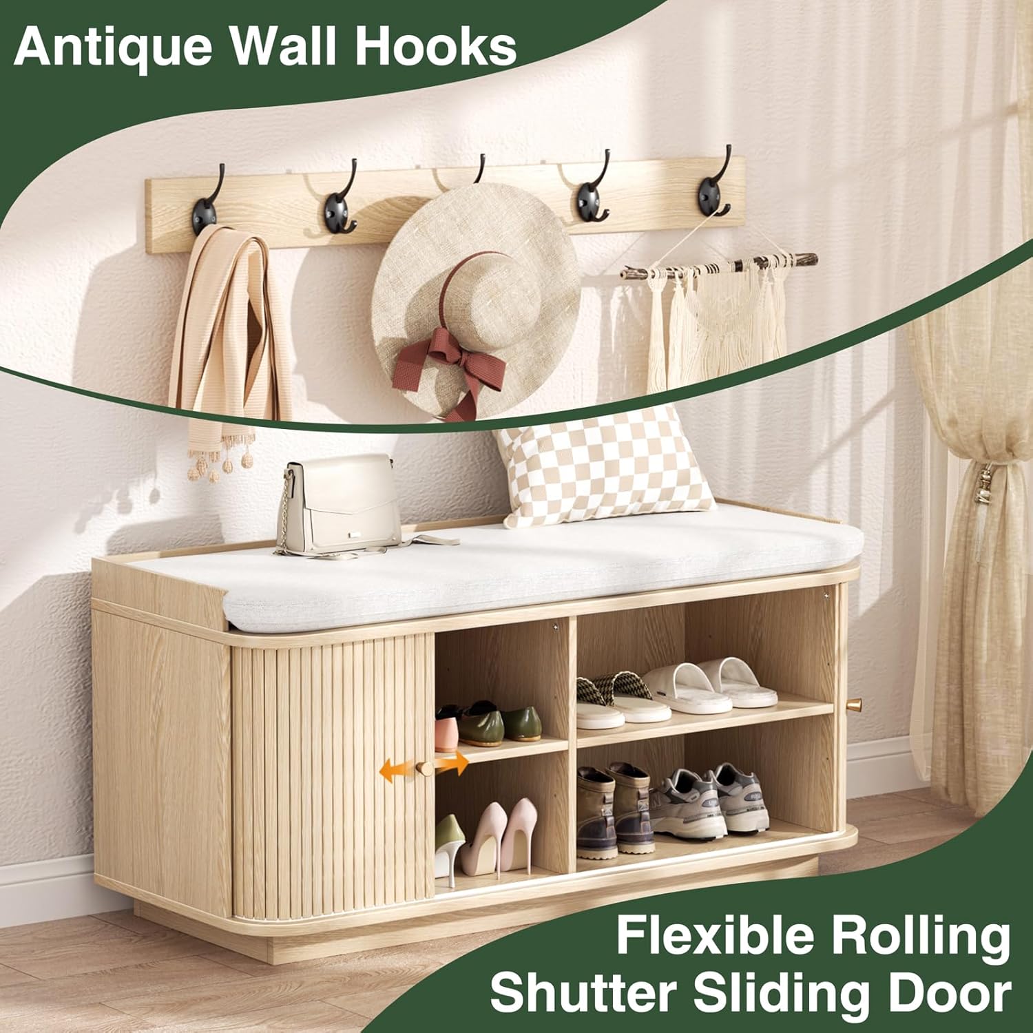 Hall Tree with Bench and Shoe Storage, Entryway Bench with Sliding Door Cabinet, Removable Padded, Metal Wall Hooks and Adjustable Storage Compartments, for Entry, Hallway, Living Room, Oak