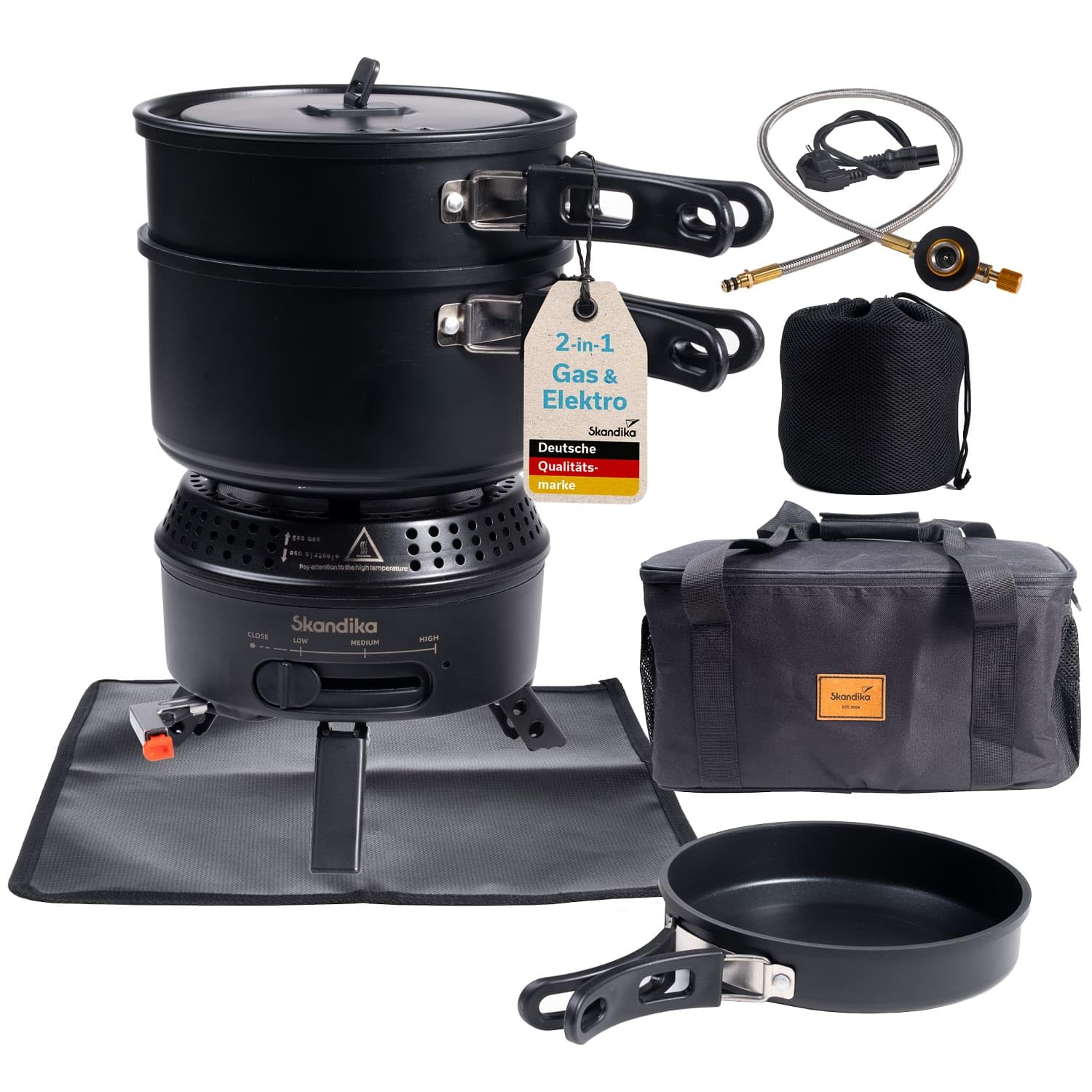 Skandika Fornello da campeggio Rask | Fornello da campeggio ibrido, 2 in 1, funzionamento a elettricità o gas, accensione piezoelettrica, con utensili da cucina (Set con base e borsa | nero)