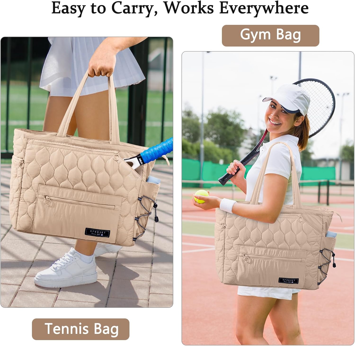 Tennis Gym Bag for Women, Tennis Bag Holds 2-4 Rackets with Shoe Compartment & Wet Pocket, Sports Duffle Bags fits up to 15.6" Laptop, Quilted Travel Overnight Weekend Bag, Tennis Gift