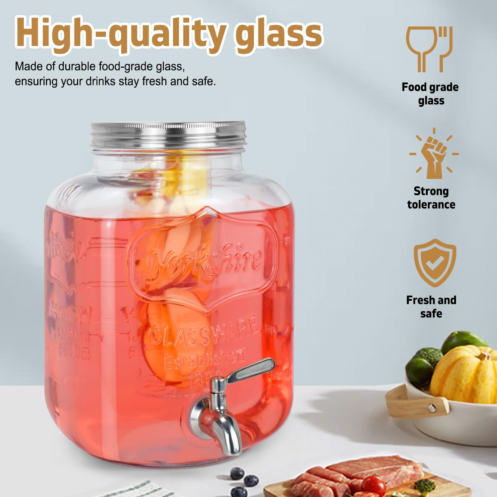 DD&HAPP Getränkespender aus Glas für Partys, 2 Stück, 4,8 l Getränkespender, Glas-Getränkespender mit Ständer und Edelstahl-Zapfhahn, 100 % auslaufsicher. Limonadenspender mit Eiszylinder.