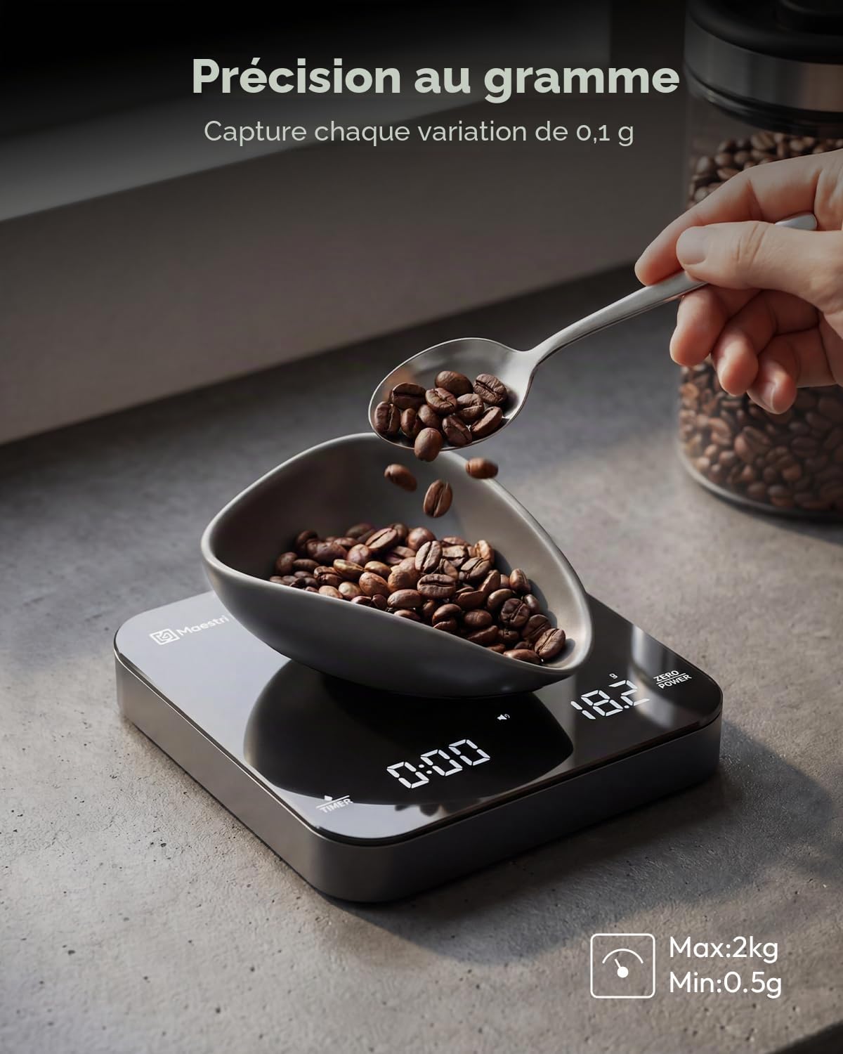 Balance de Cuisine Numérique Rechargeable, Maestri House pour Espresso, 2kg/0,1g de Précision, Minuteur Automatique, Balance Portable pour Café Espresso et Filtre-Noir & Argent