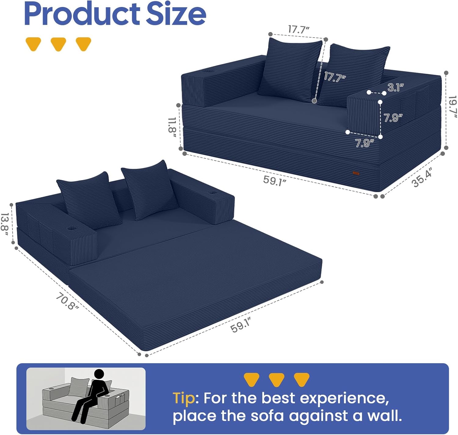 comax futon sofa bed, 4?in?1 convertible sofa bed, folding boneless couches for living room, fold out small foldable loveseat floor sleeper comfy mattress lounge space?saving, navy blue l-shaped loveseat navy blue 1