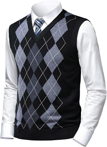 Mens Argyle Sweater Vests Classic V-Neck Sleeveless Pullover Grey Black Knitwear Nice Tank Tops for Dad Husband