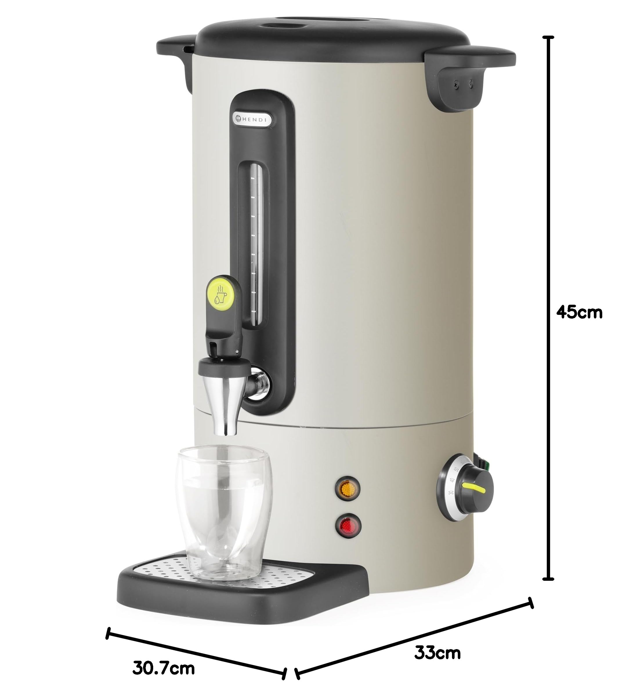 HENDI Bollitore per bevande calde 9L UNIQ, dispenser acqua calda con parete singola, per vin brulè e acqua bollente, fino a 100°C, 230V, 50/60Hz, 950W, 307x330x(H)450mm, bianco sporco, Inox, PP