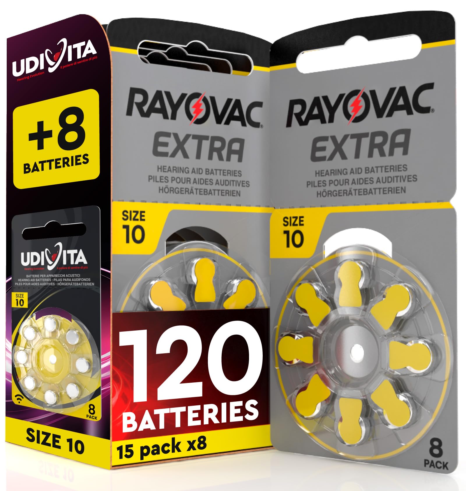 120 Hörgerätebatterien Rayovac Extra 10 Gelb + 8 Udivita-Batterien