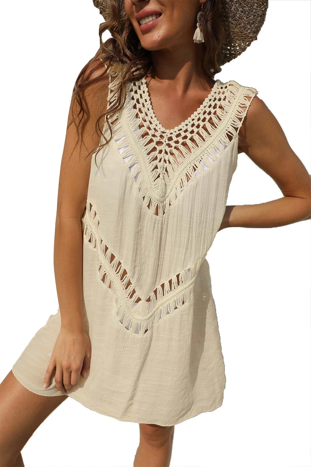 YutdengVestido Playa Mujer Pareos Playa Mujer Crochet Traje de Baño Cubrir Suelto Vestidos Cortos sin Mangas Cubre Bikini Hollow out Camisolas Ganchillo Vestido de Baño V Cuello Sexy Bikini Cover Up