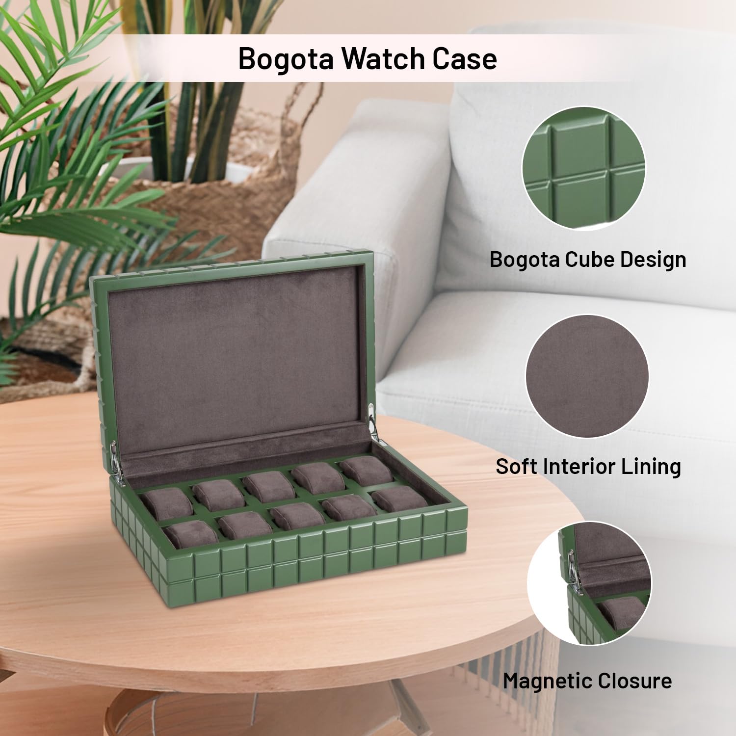 Bey-Berk Bogota Cube Watch Case – Holds 10 Large Watches, Soft Interior, Magnetic Closure, Green Square Storage Box