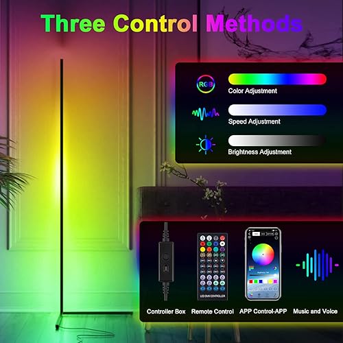 Miniatura 3 de Lámpara de pie de esquina – Lámpara de iluminación RGB que cambia de color – 56.7 pulgadas regulable música y sincronización de voz Bluetooth App y