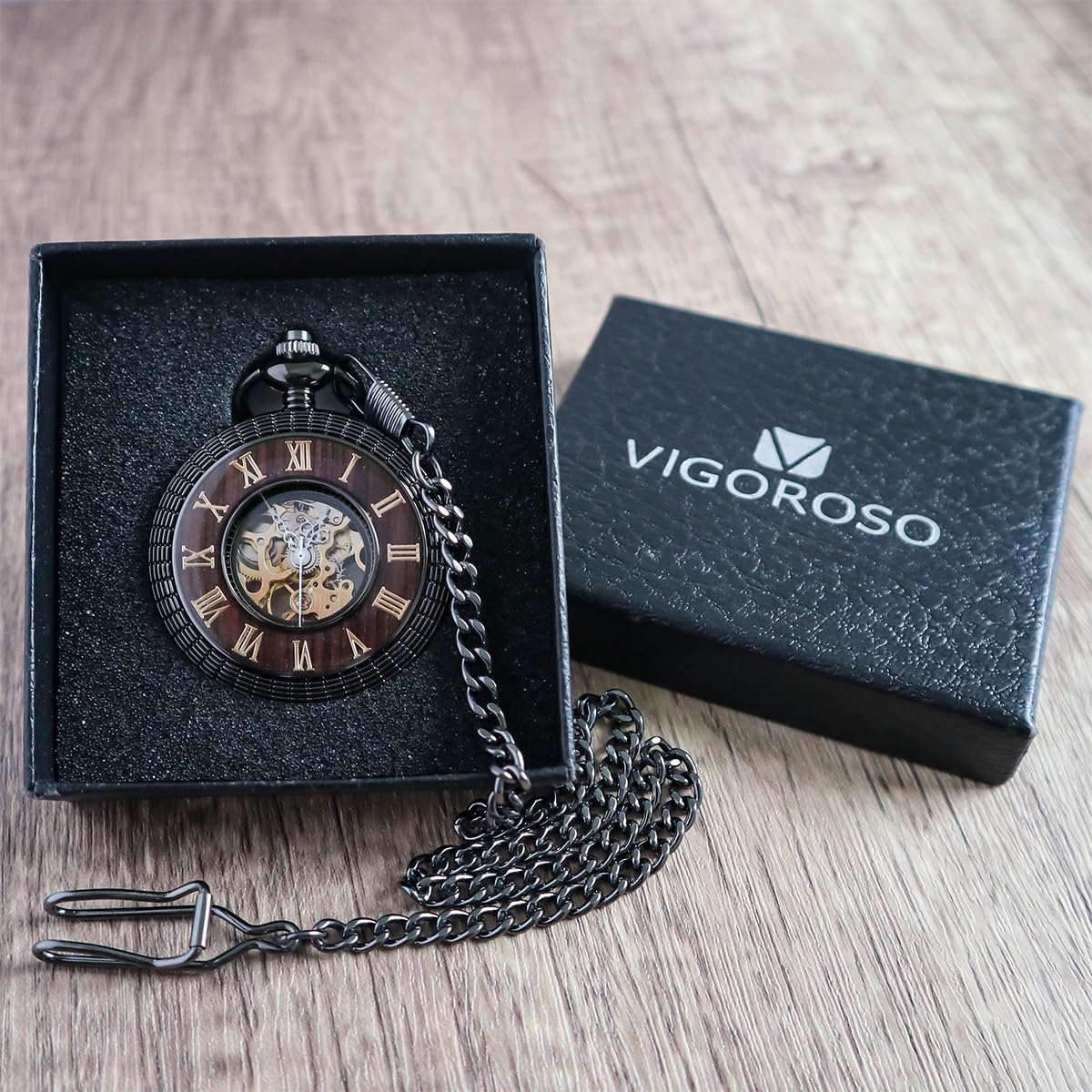 VIGOROSO Reloj de bolsillo mecánico para hombre, estilo vintage, steampunk, diseño hueco de grano de madera, con cadena y caja